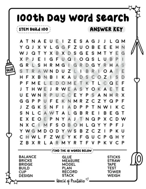 100th Day Word Search STEM Build 100 Challenge Answer Key