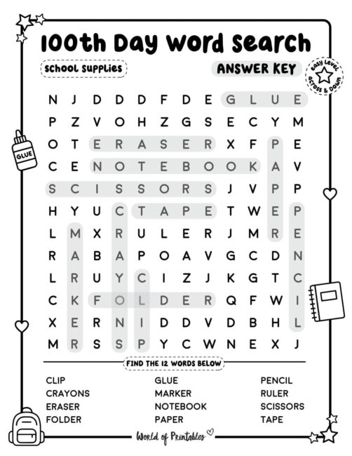100th Day Word Search School Supplies Easy Answer Key