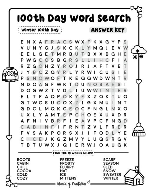 100th Day Word Search Winter Theme Challenge Answer Key