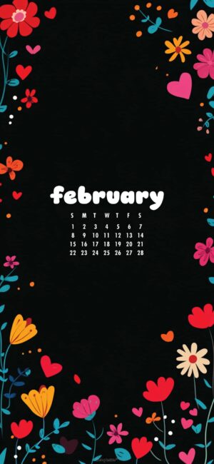 Black floral february calendar wallpaper