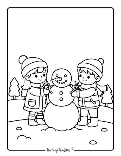 Boy and Girl Building a Snowman Coloring Page