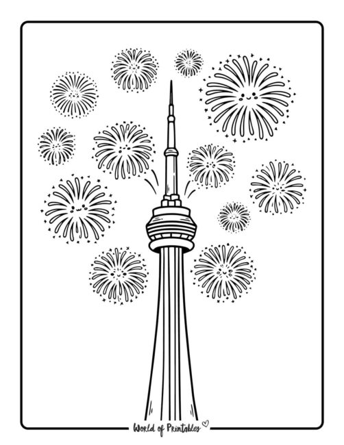 CN Tower and fireworks new year coloring page