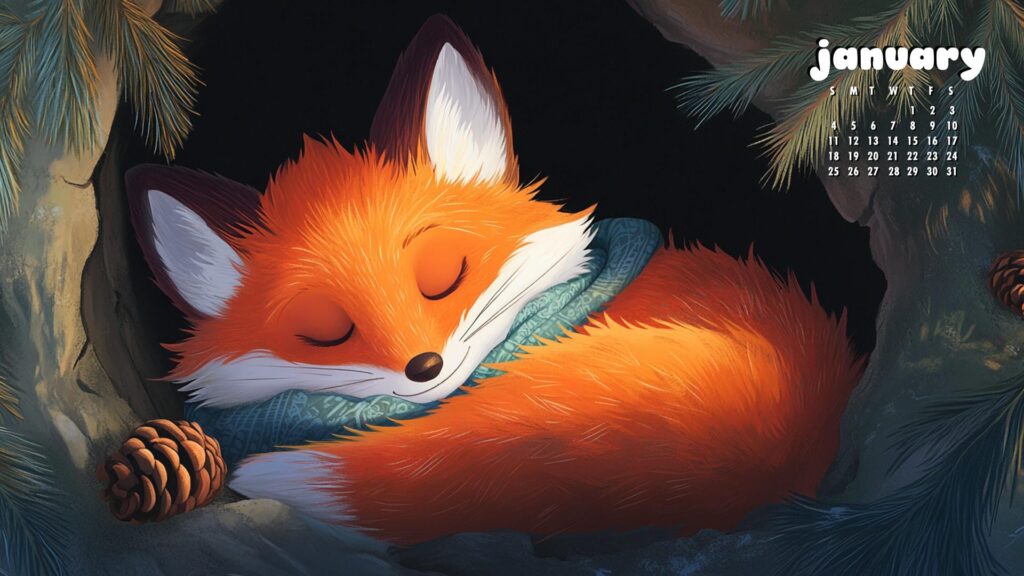 Cute sleeping fox january 2026 calendar screensaver
