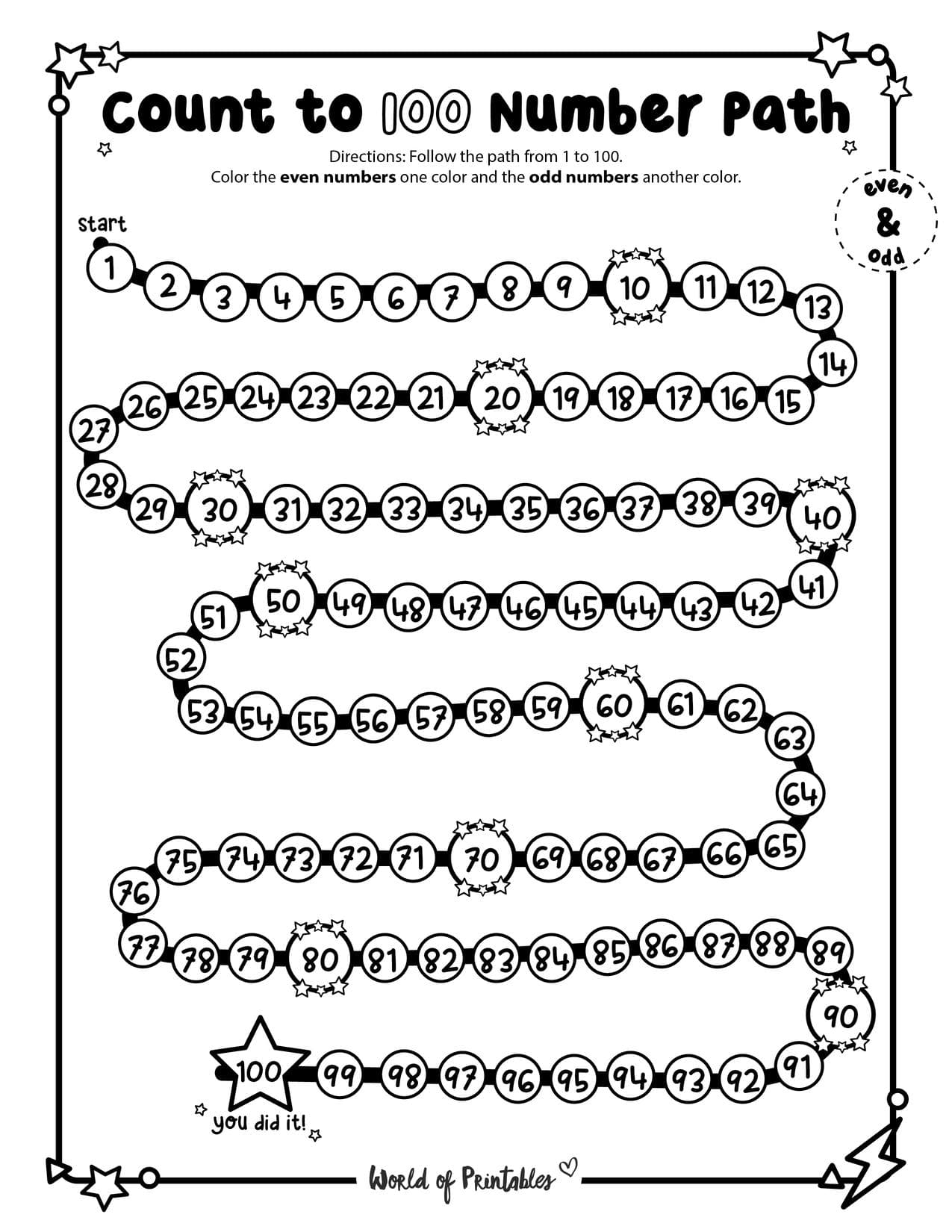 Count to 100 Number Path Worksheets World of Printables