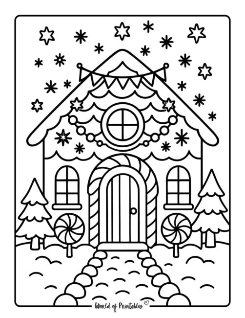 Festive gingerbread house color and print pages