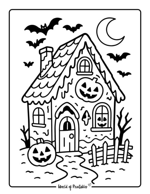 Halloween gingerbread house coloring book pages