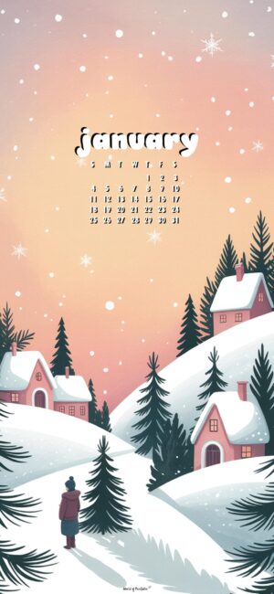 Pink aesthetic village january 2026 calendar wallpaper