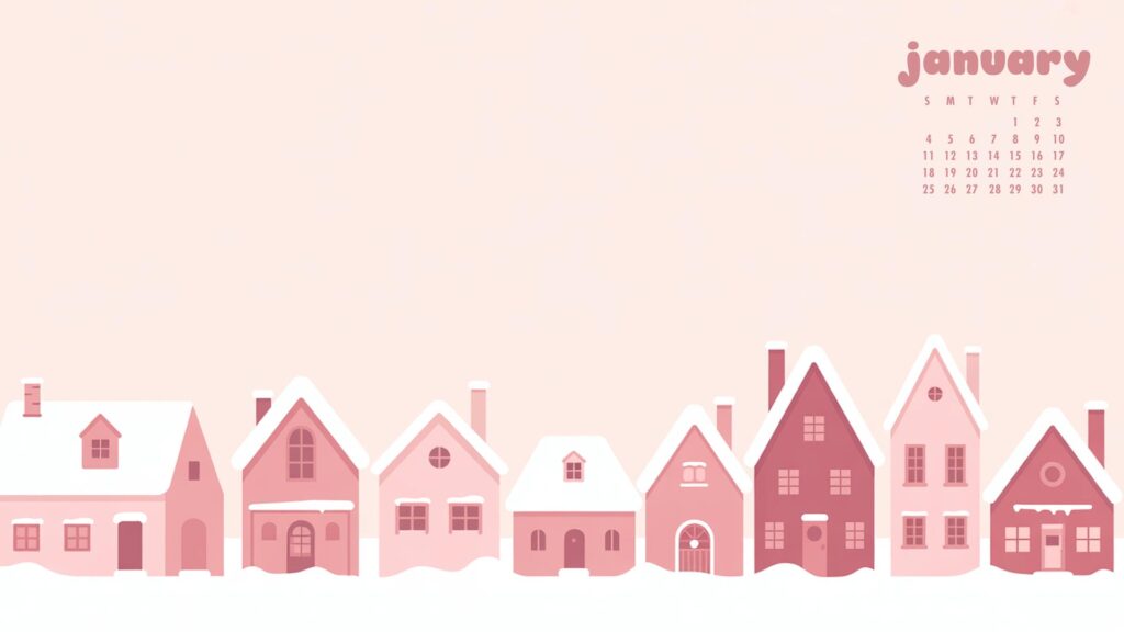 Pink snowy houses january 2026 calendar screensaver