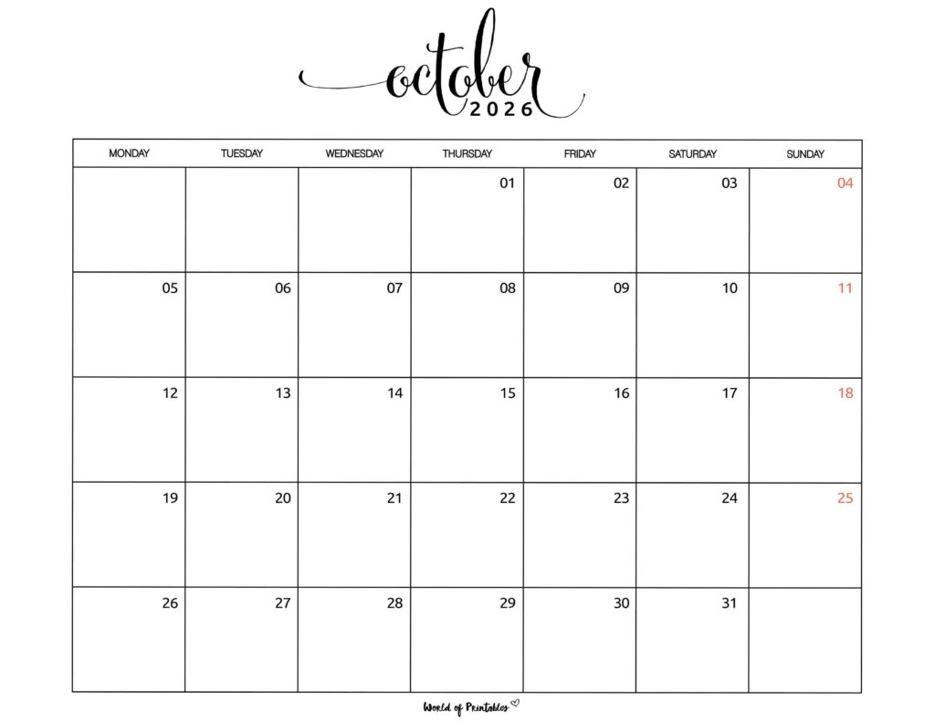 Printable October 2026 Calendar Design 1
