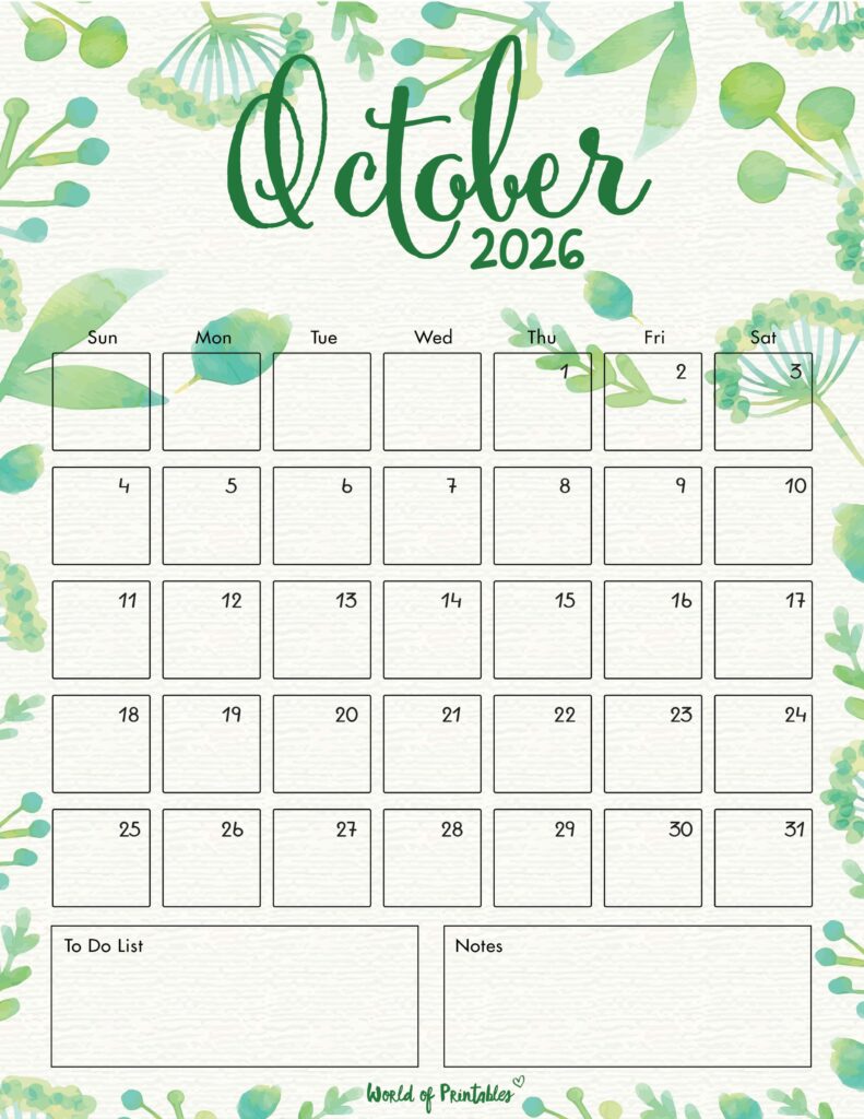 Printable October 2026 Calendar Design 100