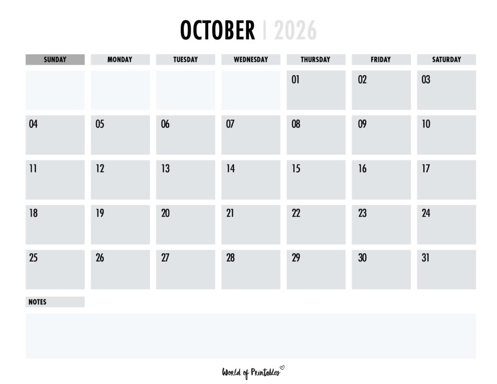Printable October 2026 Calendar Design 101