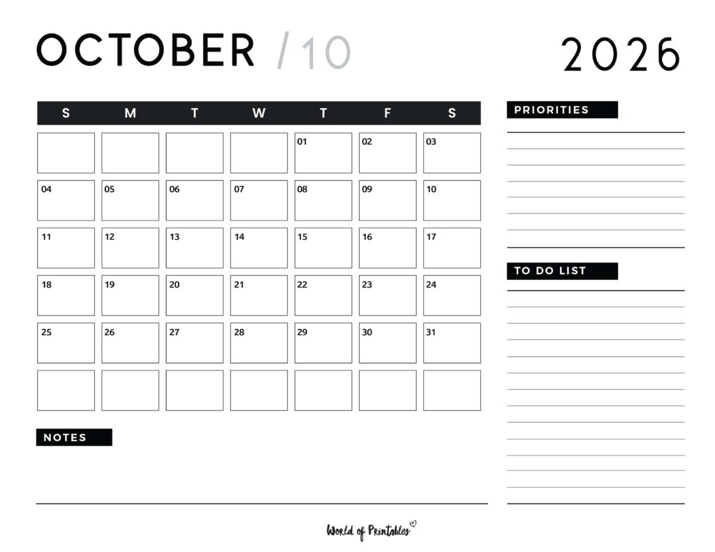 Printable October 2026 Calendar Design 107
