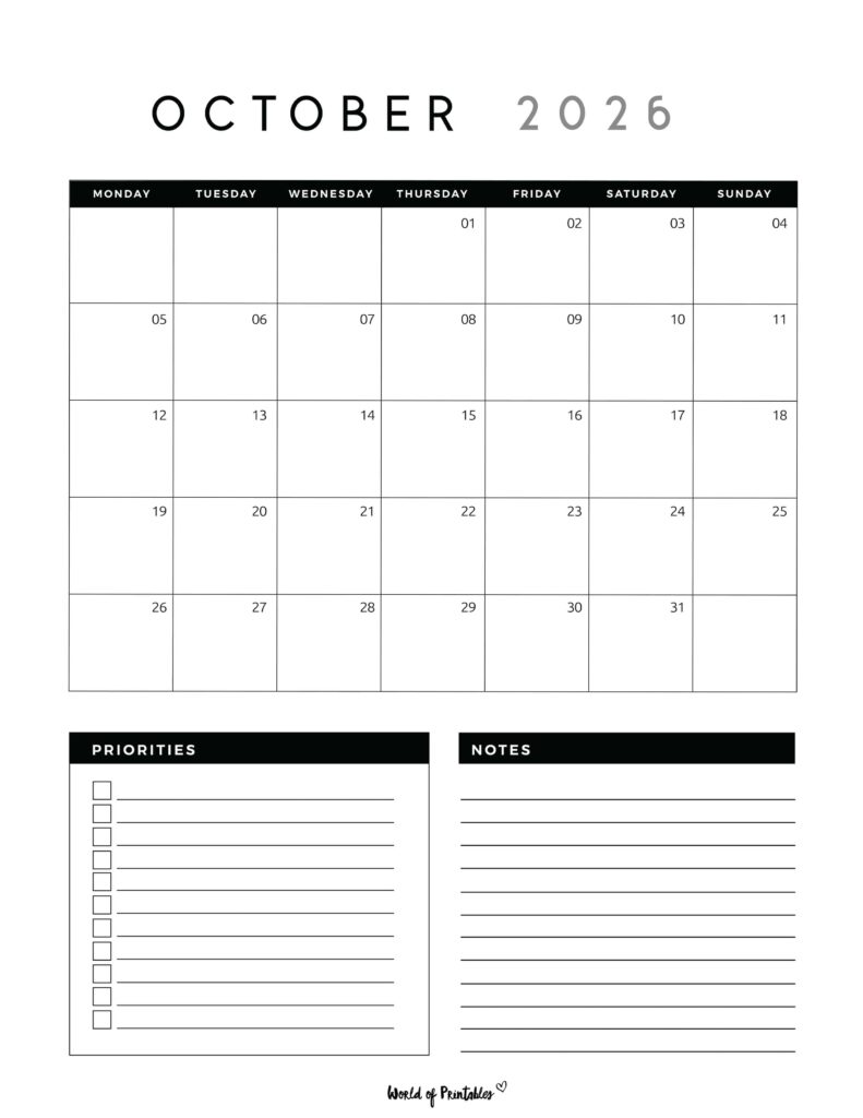 Printable October 2026 Calendar Design 123