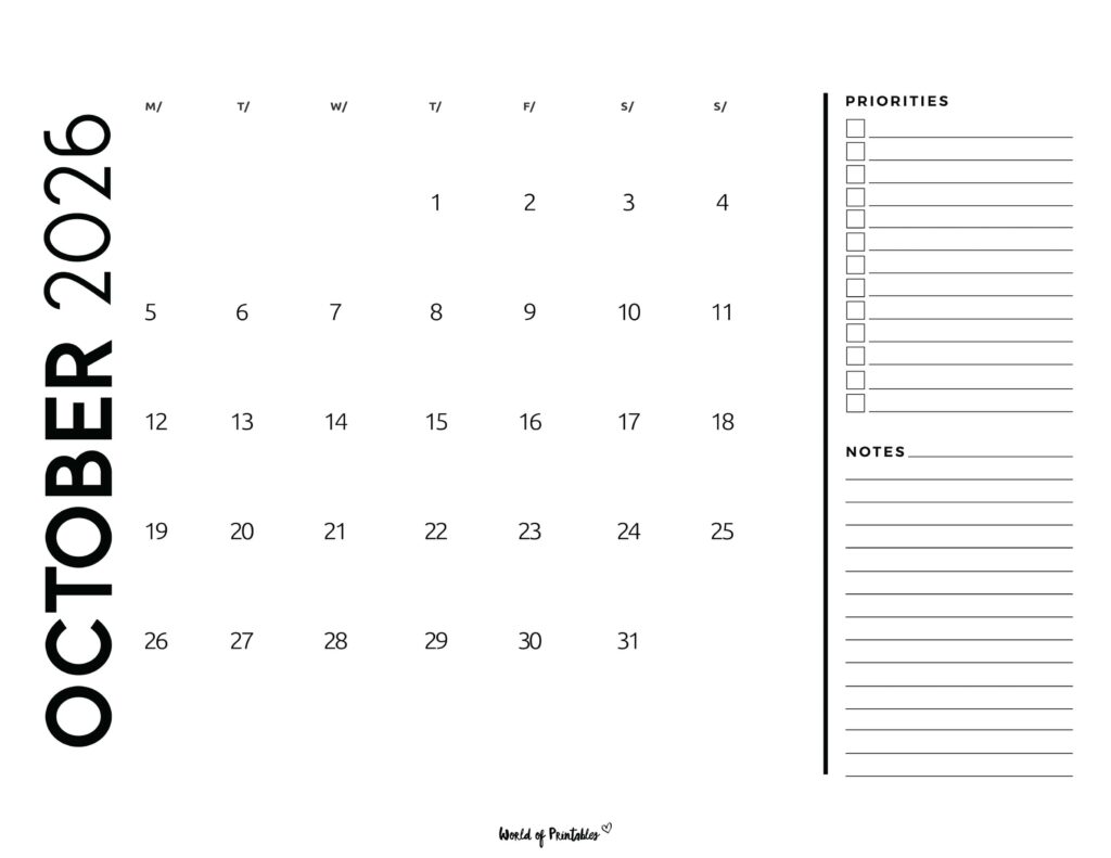 Printable October 2026 Calendar Design 68