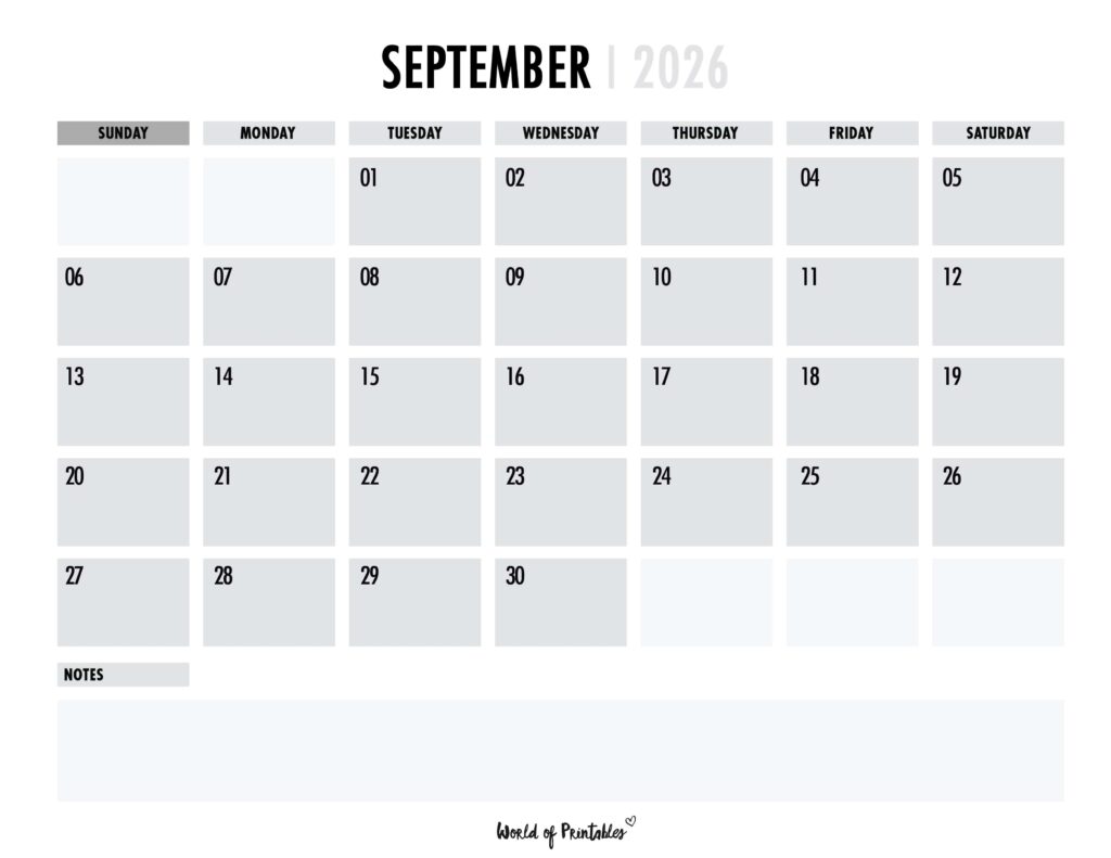 Printable September 2026 Calendar Design 101