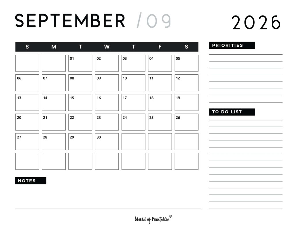 September 2026 Calendar: 200+ Free Printable PDFs - World of ...