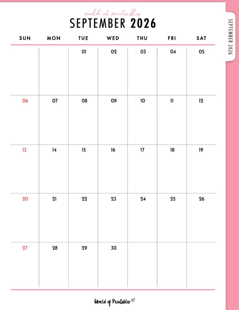 Printable September 2026 Calendar Design 308