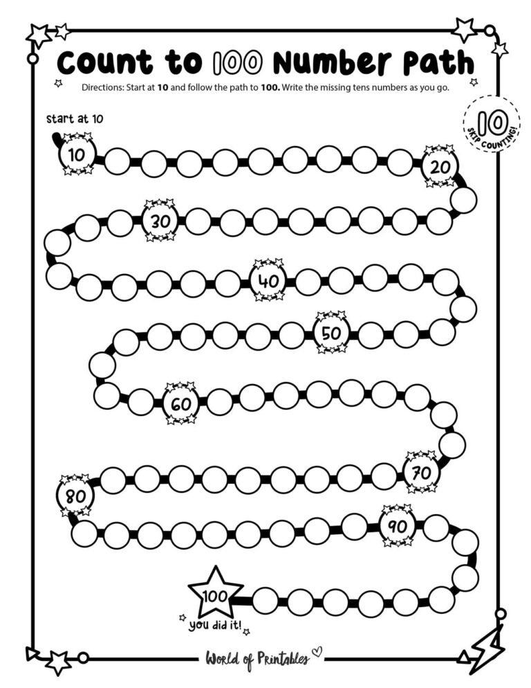 Count to 100 Number Path Worksheets - World of Printables