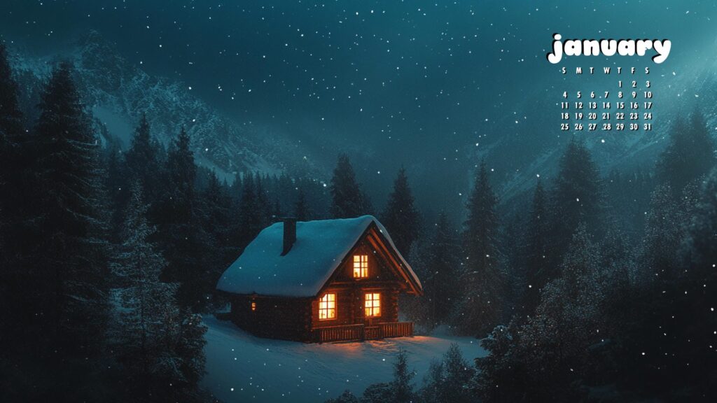 Snowy Cabin january 2026 calendar wallpaper for pc