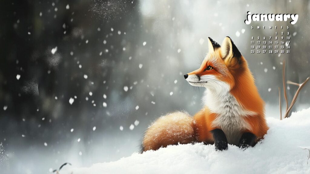Snowy Fox january 2026 laptop calendar wallpaper