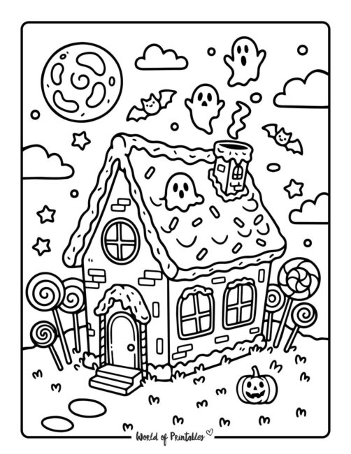 Spooky gingerbread house coloring sheets