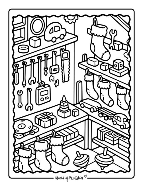 Stockings in a workshop coloring Sheet