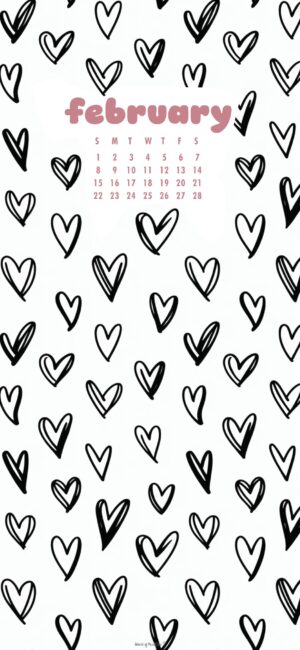 black and white heart february 2026 calendar wallpaper