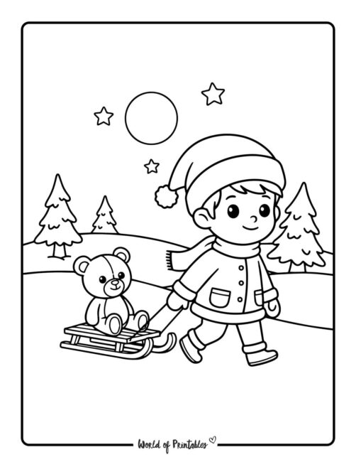 boy and teddy winter coloring page for kids