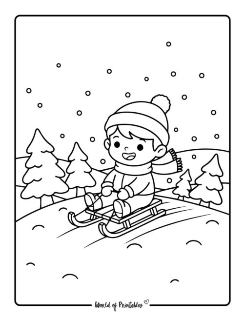 boy playing in snow winter color and print pages