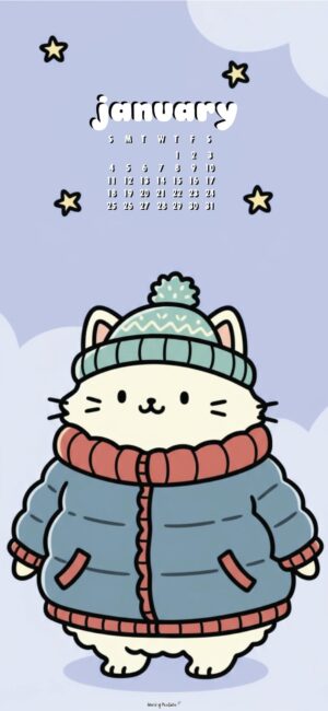 cat in a puff jacket january 2026 calendar wallpaper free