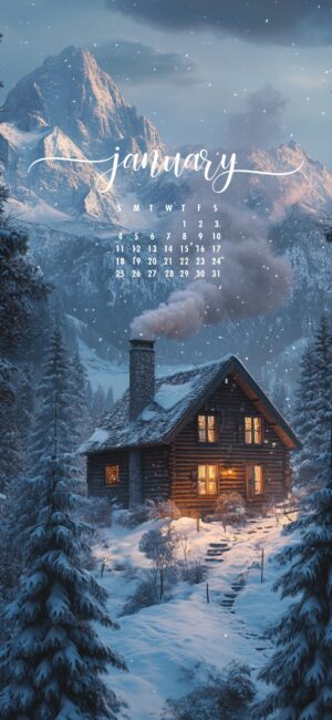 cozy cabin scene january 2026 calendar wallpaper