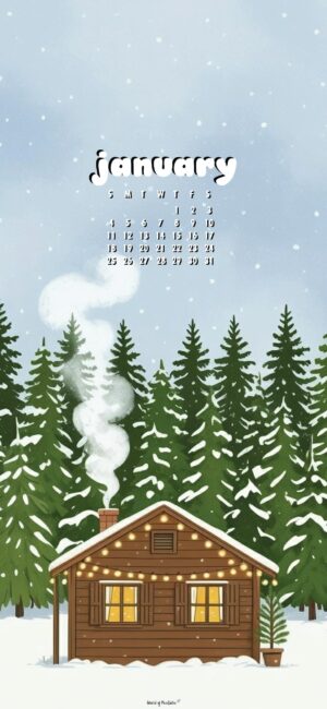 cute cabin january 2026 calendar wallpaper