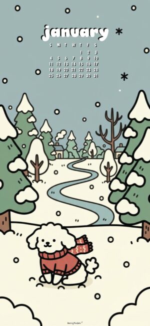 dog in a jumper january 2026 cute calendar wallpaper