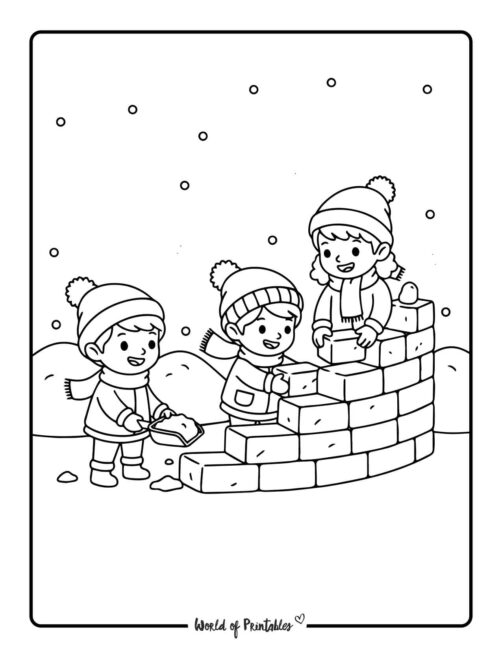 friends building an igloo cute winter coloring pages