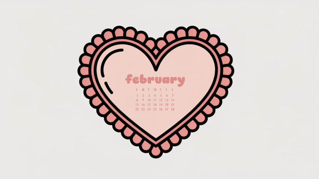 frilly heart february desktop calendar wallpaper