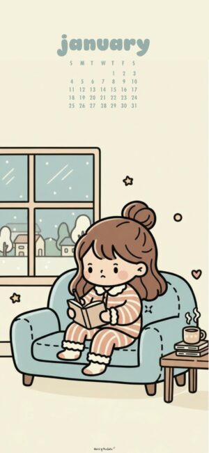 girl reading january 2026 cute calendar wallpaper