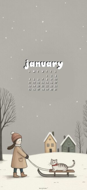girl with sled january 2026 calendar wallpaper