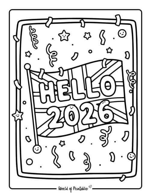 hello 2026 UK flag new year coloring pages
