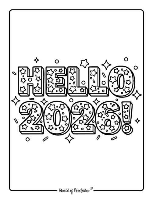 hello 2026 detailed new year coloring pages
