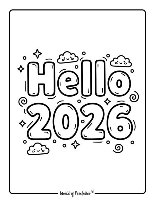 hello 2026 new year printable coloring sheet