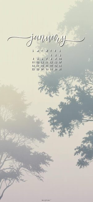 misty trees january 2026 calendar for phone