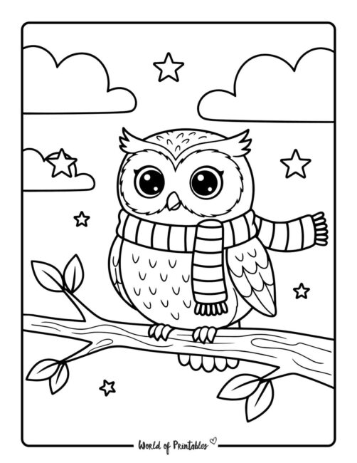 owl winter coloring book pages
