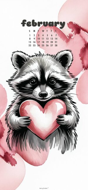 raccoon holding a heart cute february calendar wallpaper