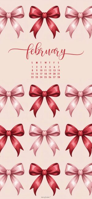 red and pink bow february 2026 calendar background