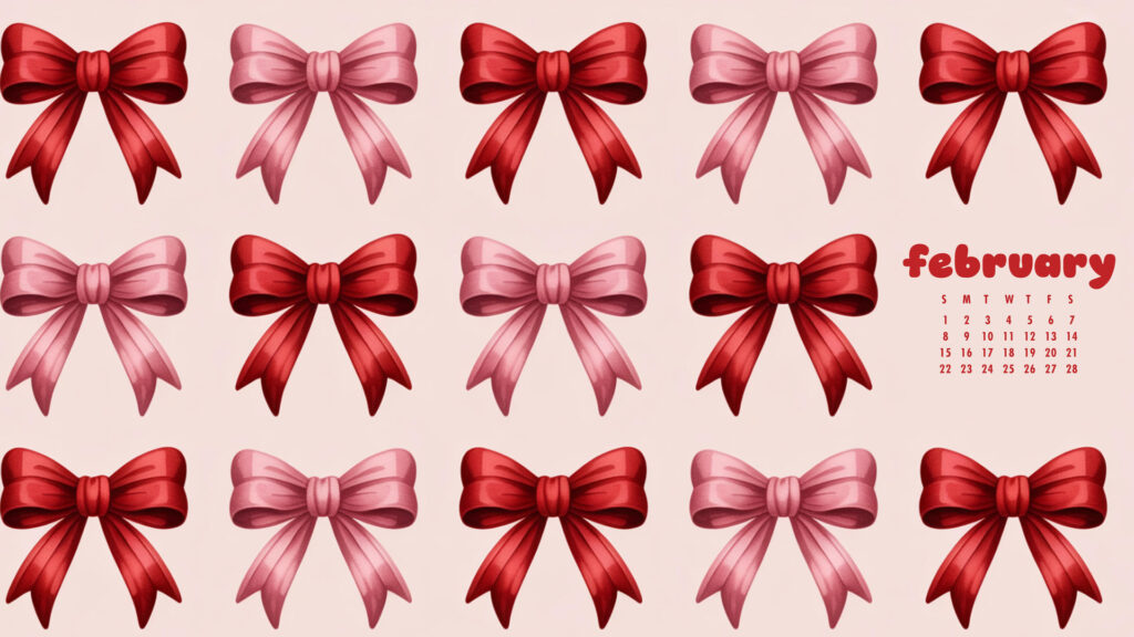 red and pink bows cute february desktop calendar wallpaper