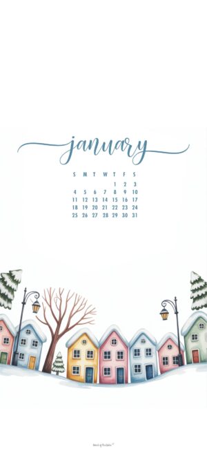 snowy houses january 2026 calendar wallpaper