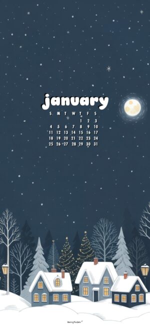 snowy village january 2026 calendar wallpaper