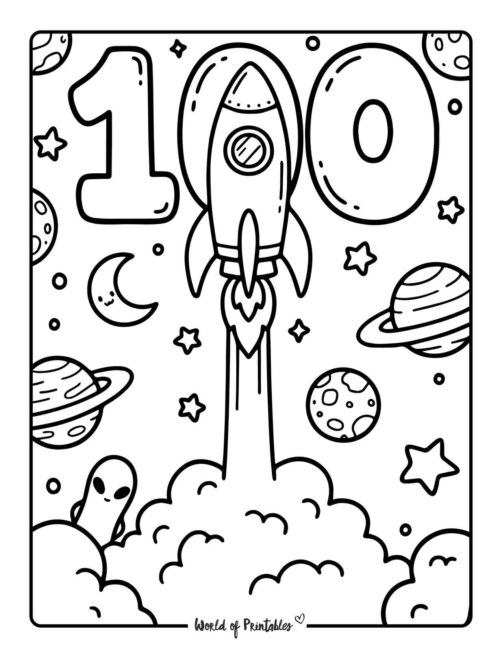 space themed 100 days of school coloring page