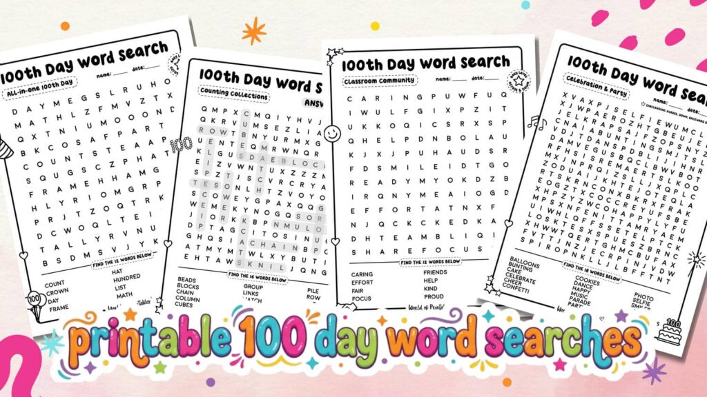 100 day of school word searches