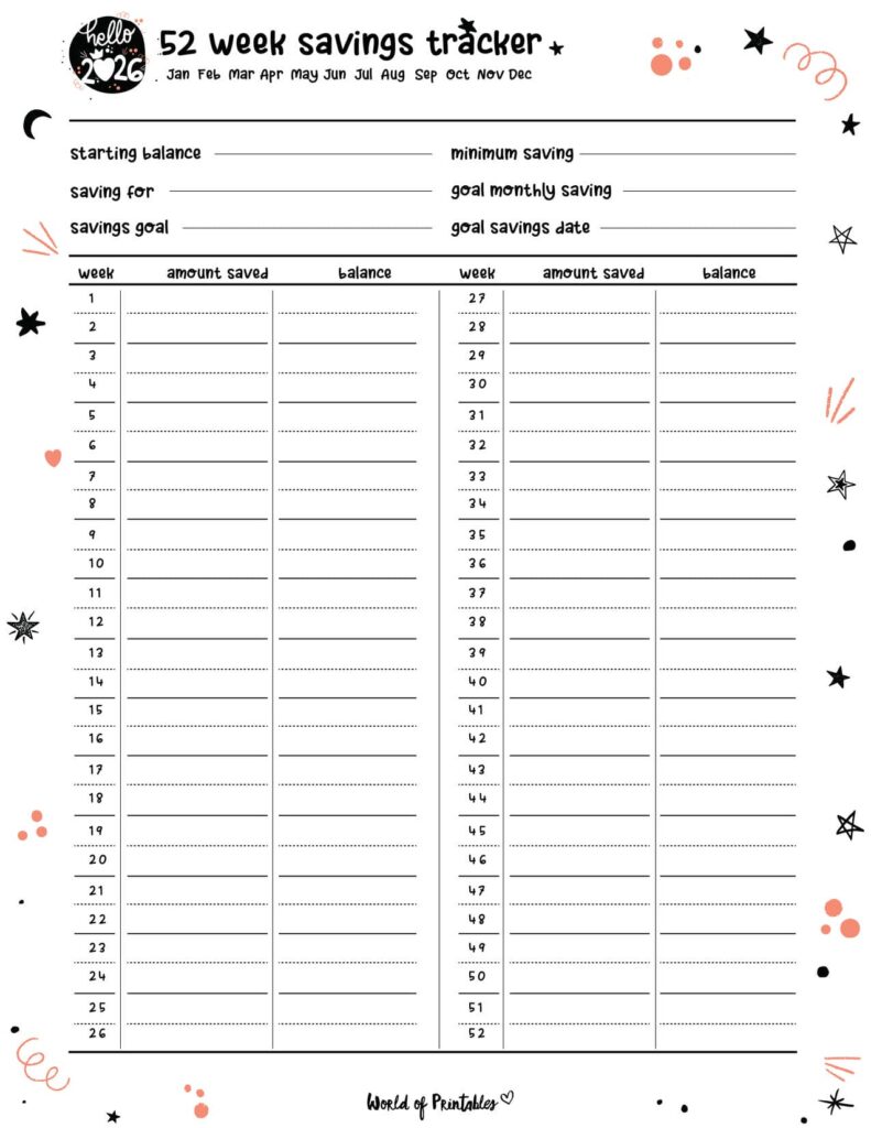 2026 Cute 52 Week Savings Tracker